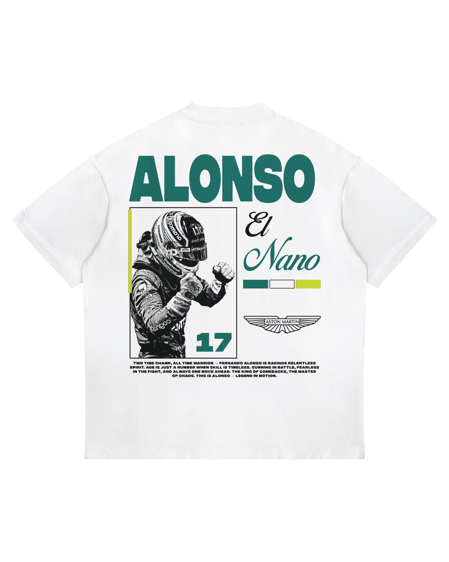 Fernando Alonso Aston Martin t-shirt with "El Nano" script and helmet graphic on white oversized shirt.