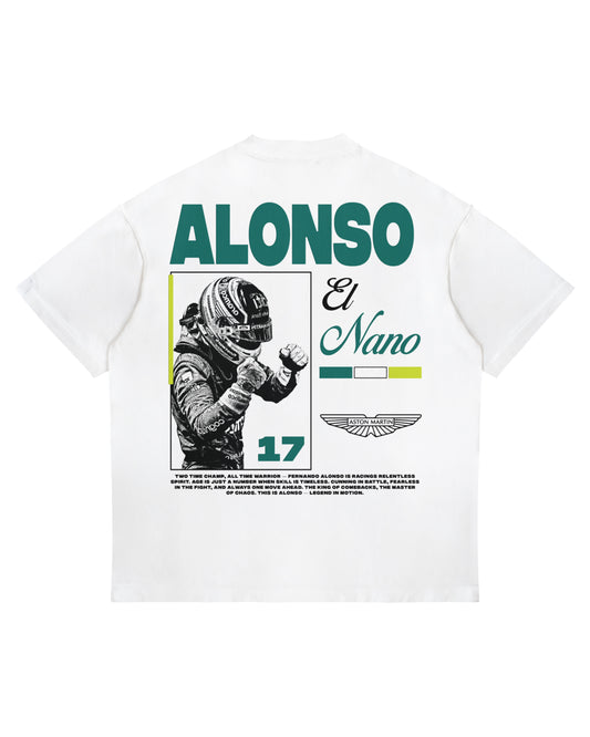 Fernando Alonso Aston Martin t-shirt with "El Nano" script and helmet graphic on white oversized shirt.