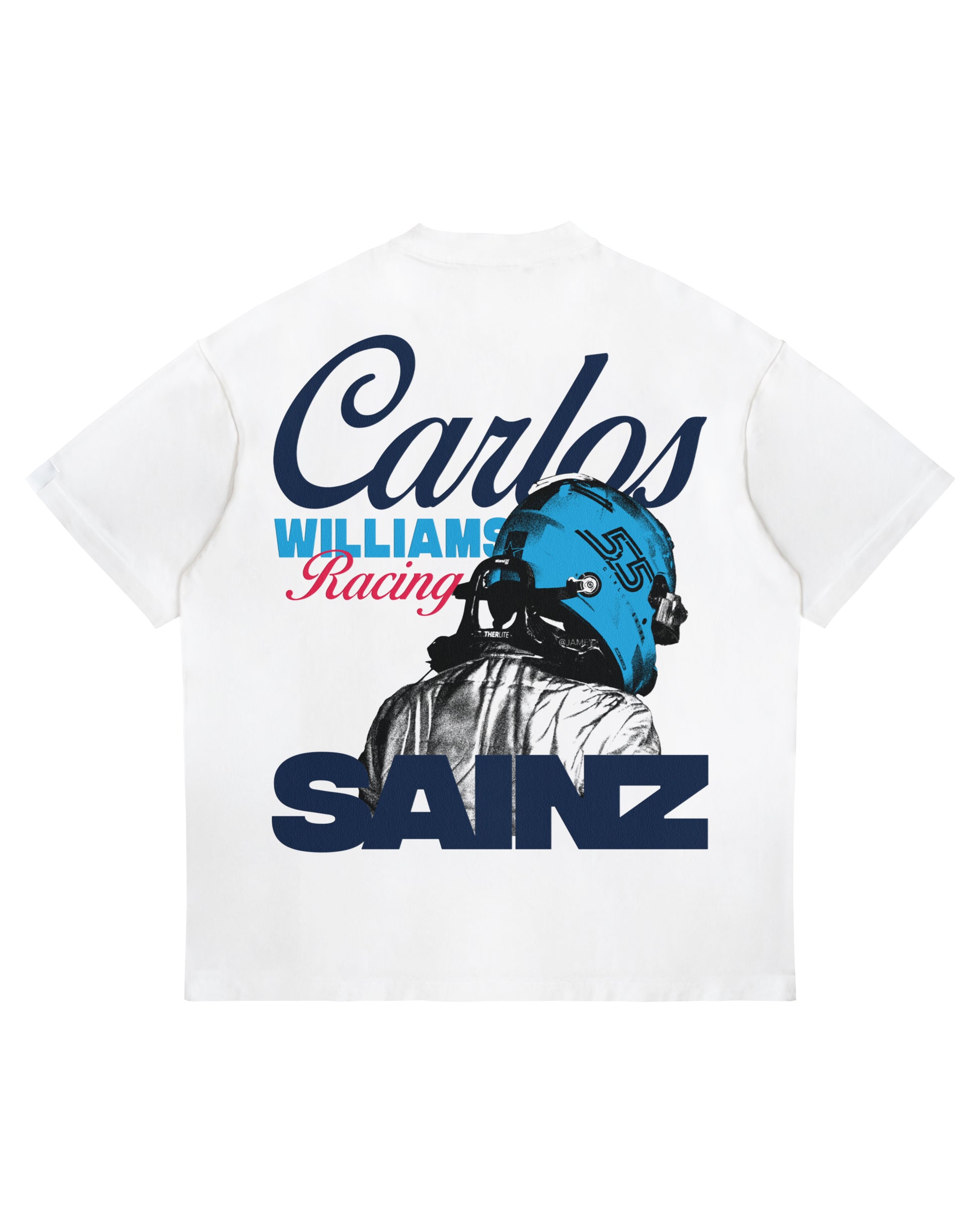 Carlos Sainz Williams Racing T-shirt featuring helmet graphic and bold text on white heavyweight cotton.