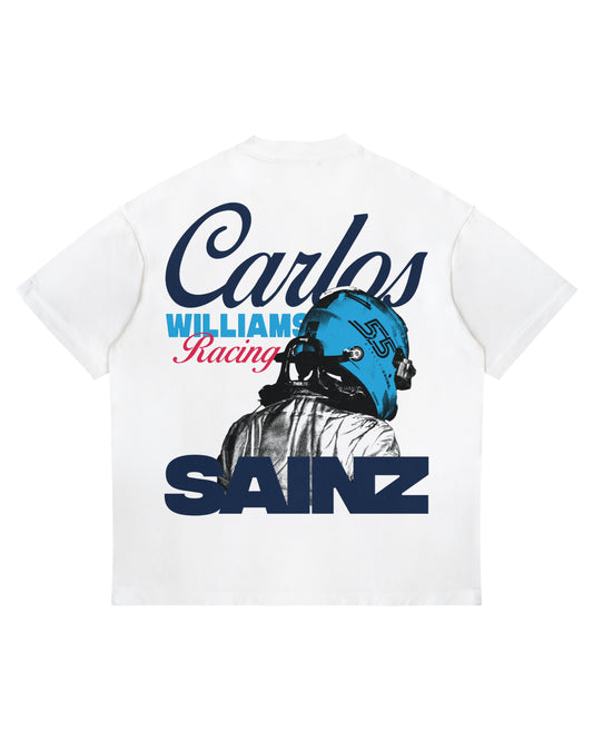 Carlos Sainz Williams Racing T-shirt featuring helmet graphic and bold text on white heavyweight cotton.