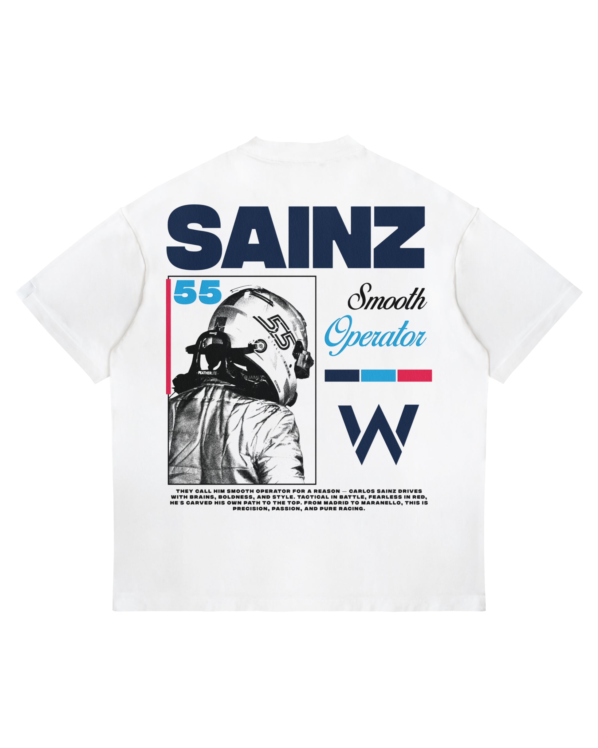 Carlos Sainz “Smooth Operator” T-Shirt with full back graphic, helmet design, and Williams Racing colors on heavyweight white cotton tee.
