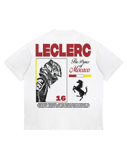 Charles Leclerc “Prince of Monaco” T-Shirt with bold Ferrari graphic and No. 16 print on heavyweight cotton, back design view.
