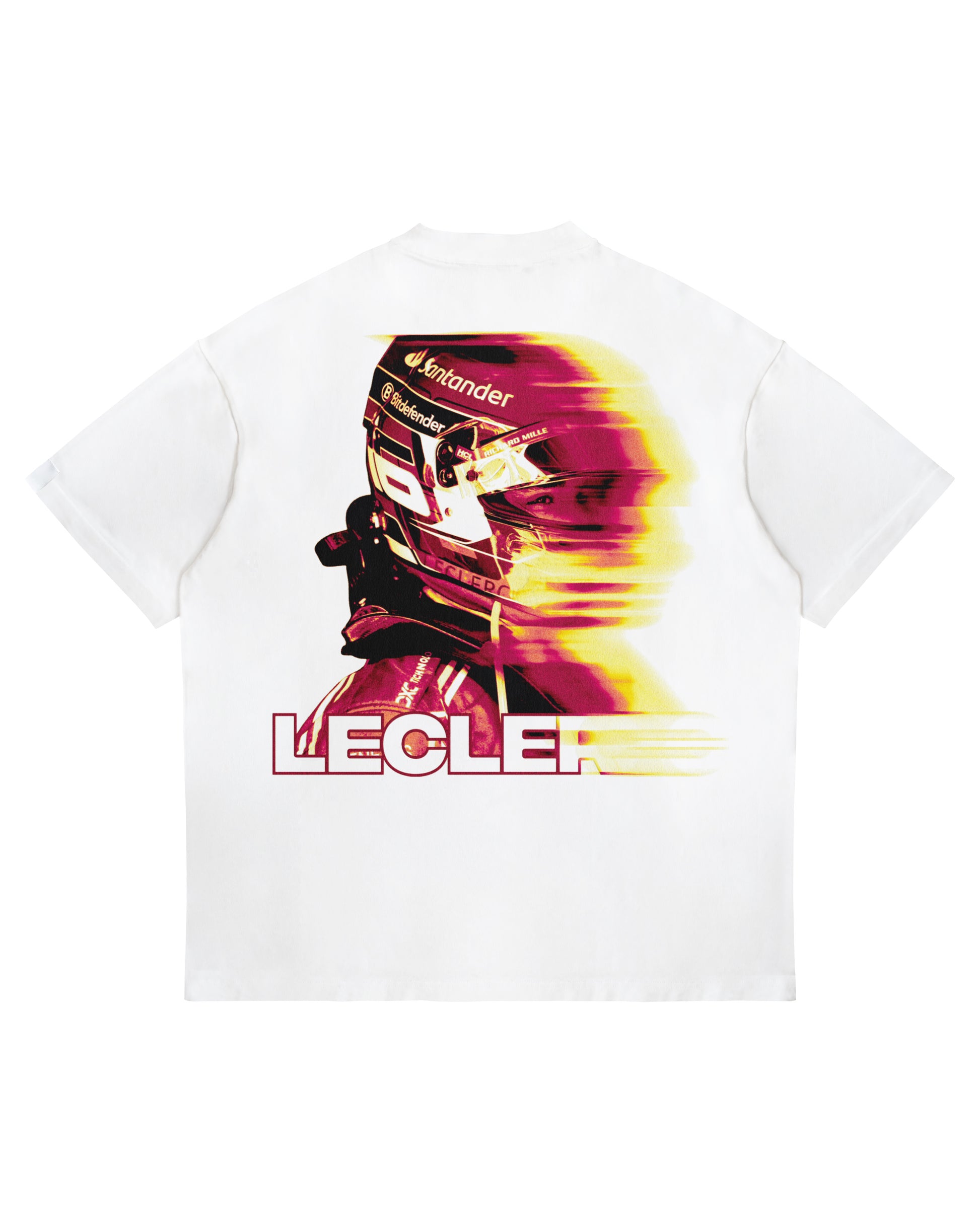 Charles Leclerc Ferrari blur effect t-shirt with yellow and red motion graphic design on white cotton shirt.