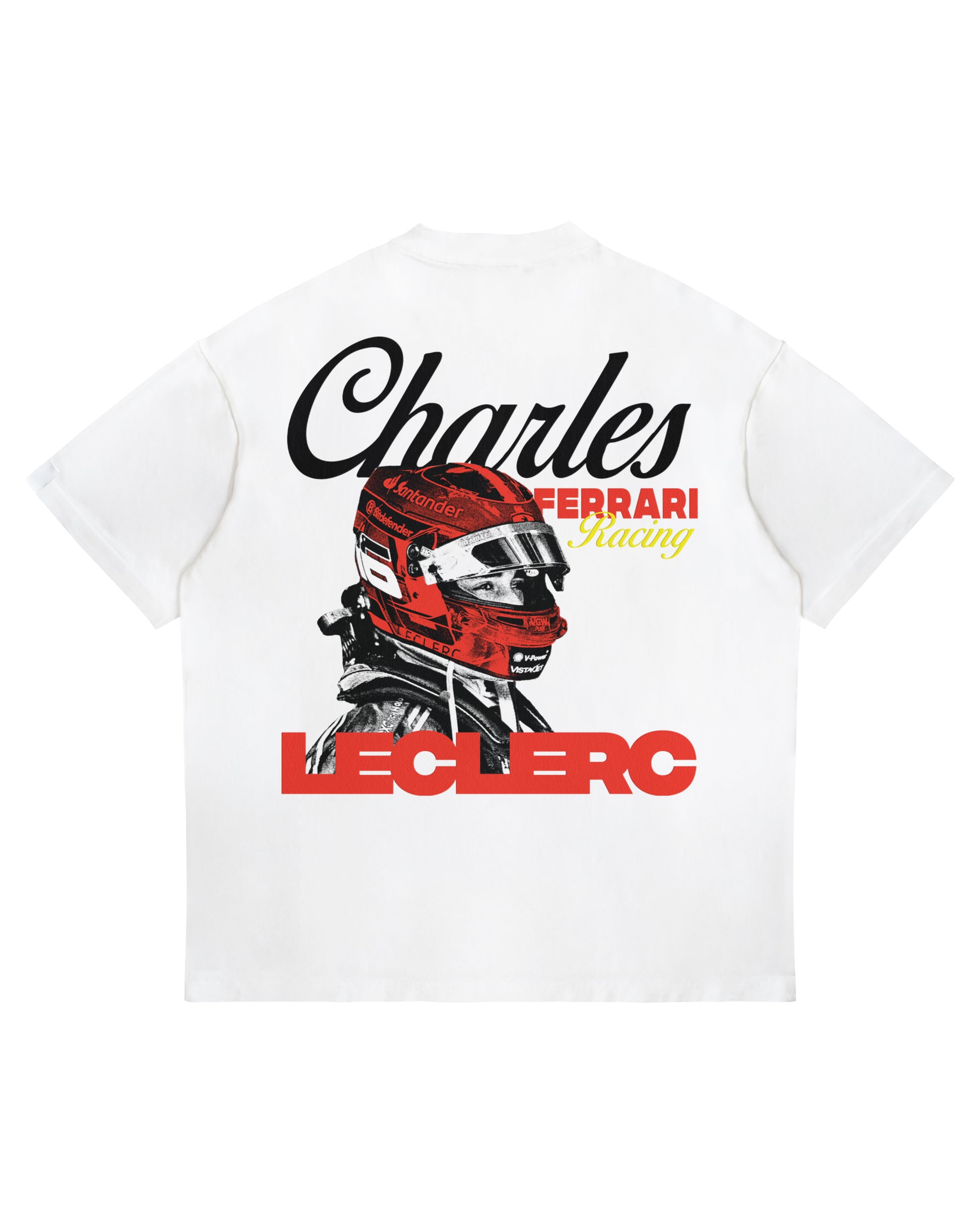Charles Leclerc Ferrari T-Shirt with oversized graphic of Leclerc in helmet and Ferrari branding on back, heavyweight cotton tee.