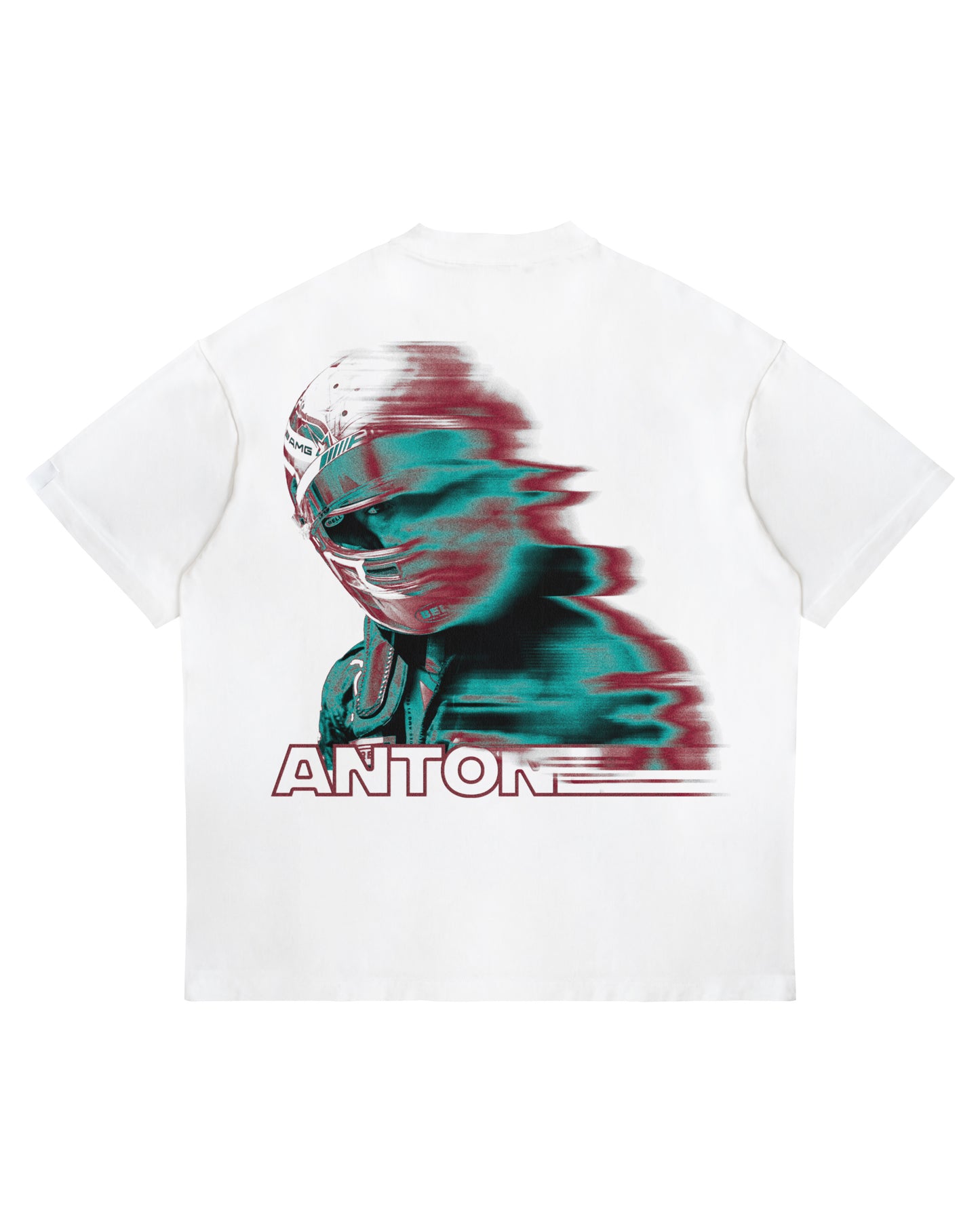 Kimi Antonelli blur-effect T-shirt with motion-style racing helmet graphic and ANTONELLI name on oversized heavyweight white cotton.