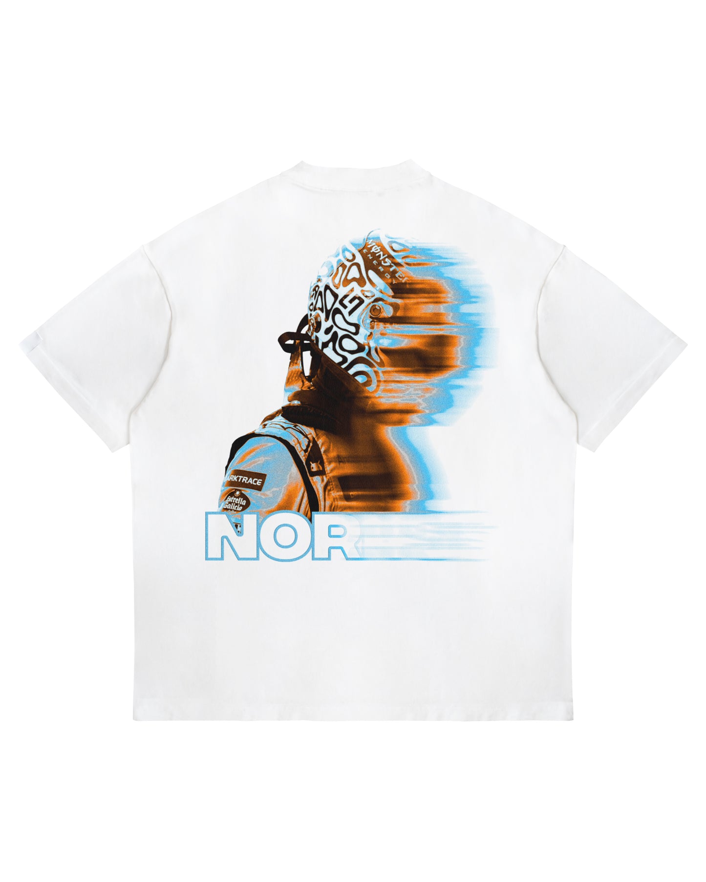 Back of Lando Norris blur effect graphic T-shirt on oversized heavyweight white cotton tee.