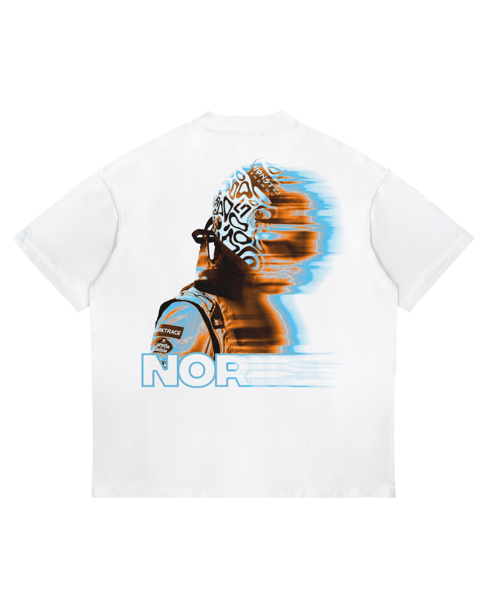 Back of Lando Norris blur effect graphic T-shirt on oversized heavyweight white cotton tee.