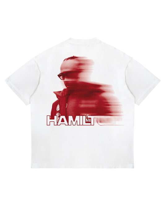 Lewis Hamilton Ferrari oversized T-shirt with red blur effect graphic and bold HAMILTON text on heavyweight white cotton.