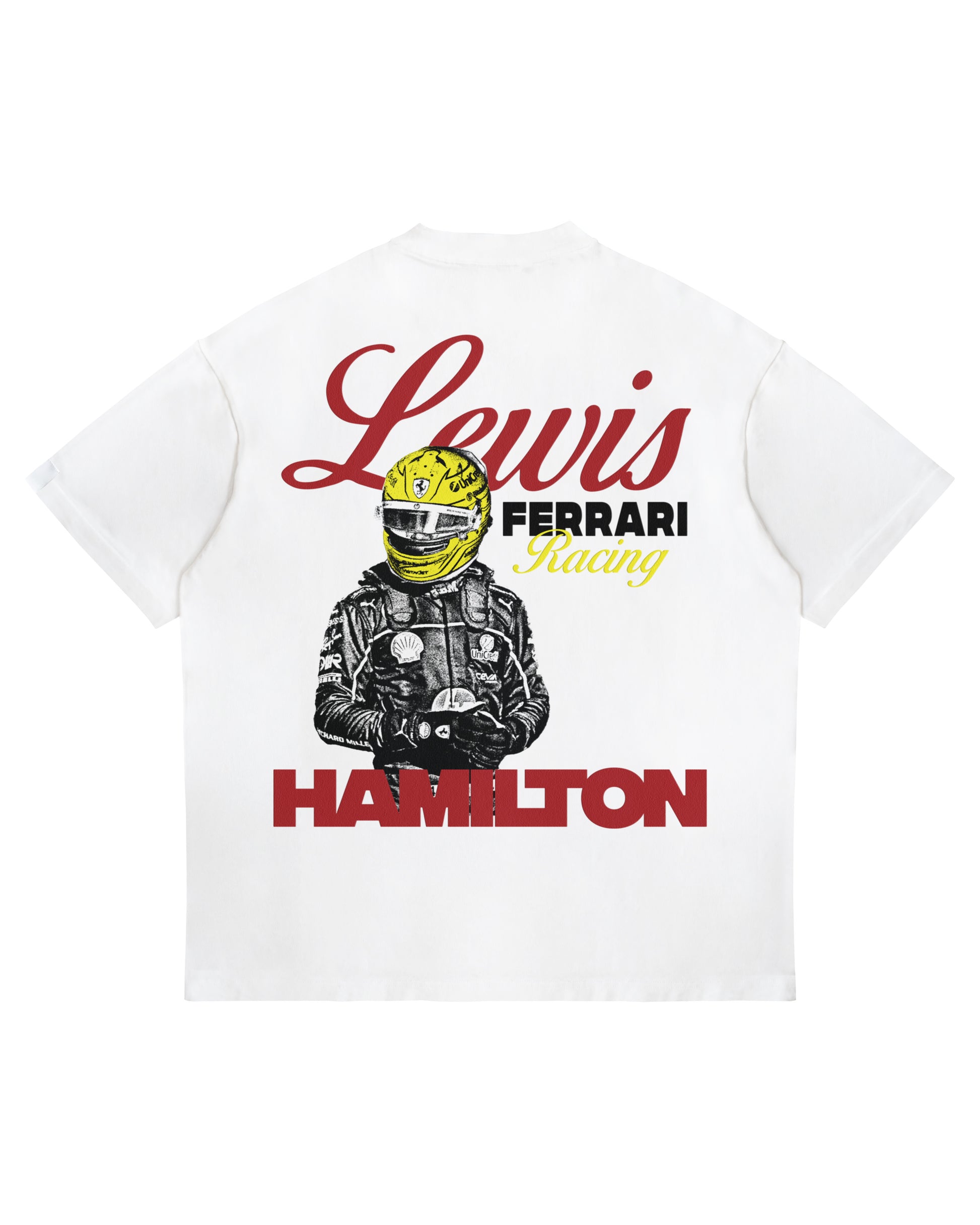 Lewis Hamilton Ferrari Racing T-Shirt with bold graphic of Hamilton in Ferrari gear and yellow helmet on the back.