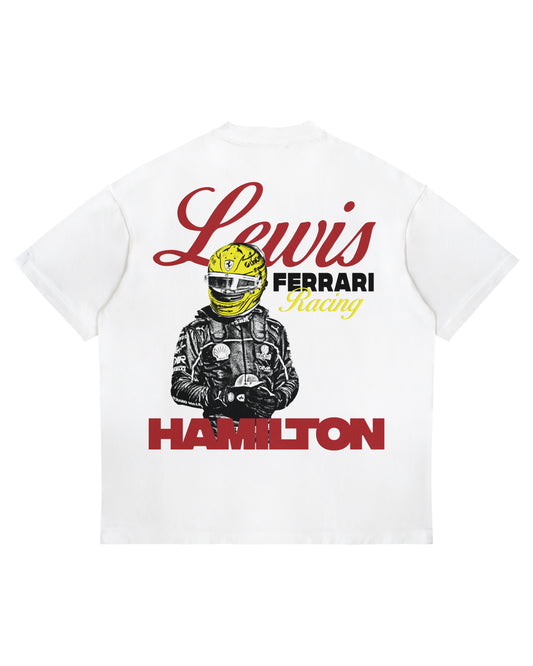 Lewis Hamilton Ferrari Racing T-Shirt with bold graphic of Hamilton in Ferrari gear and yellow helmet on the back.