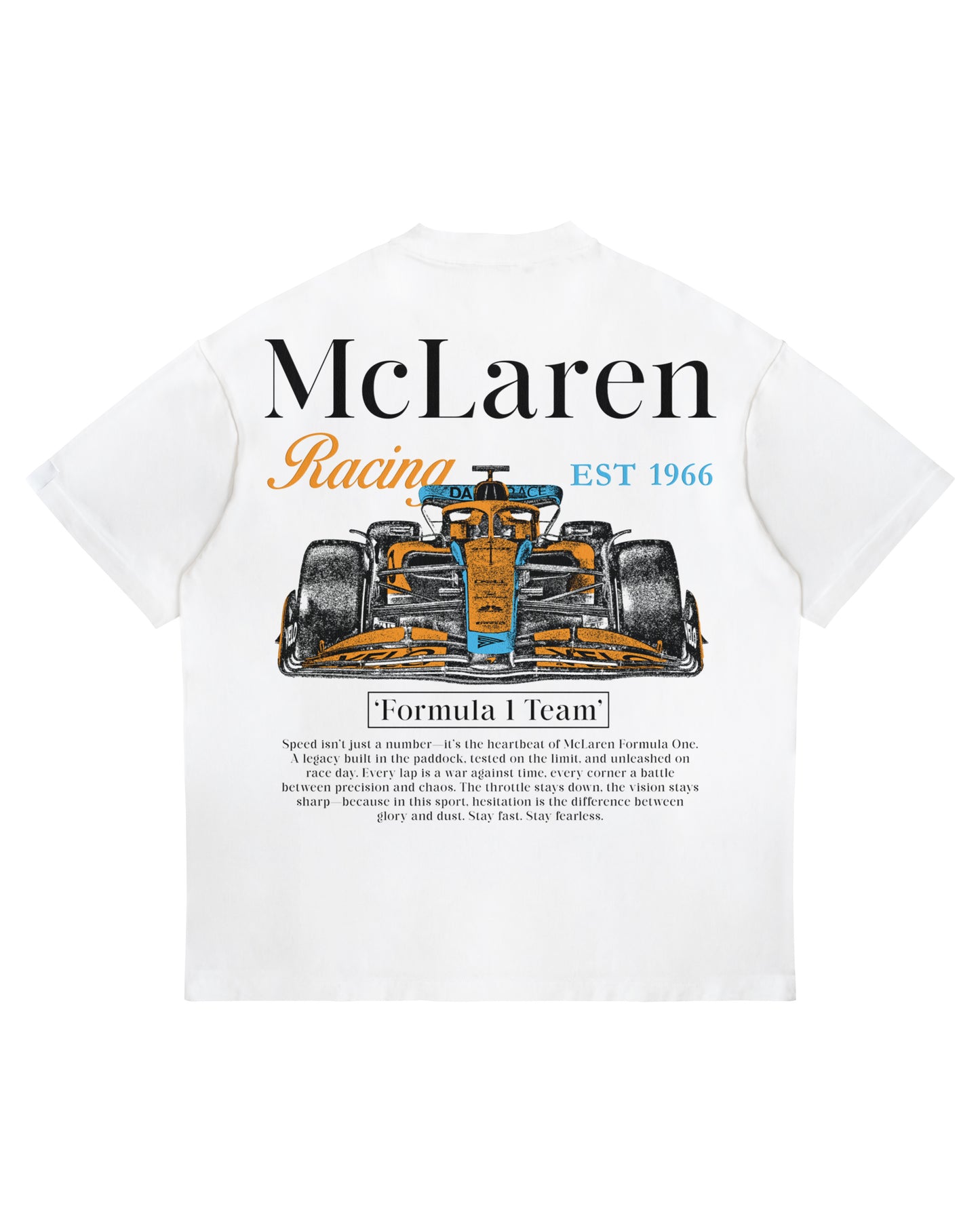 McLaren heritage T-shirt with orange F1 car, EST 1966, and team story on heavyweight white cotton tee.