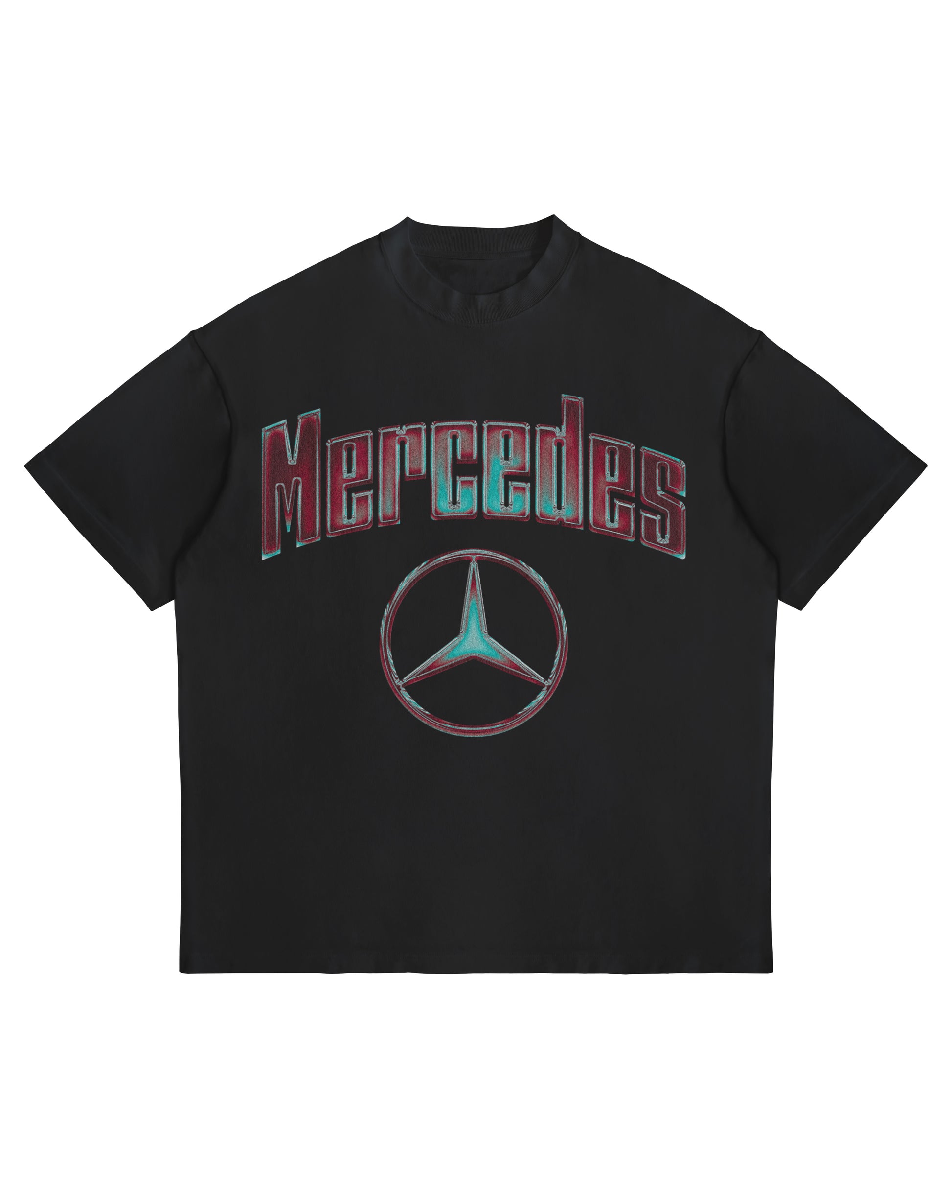 Mercedes F1 chrome-effect logo T-shirt on oversized heavyweight white cotton tee.