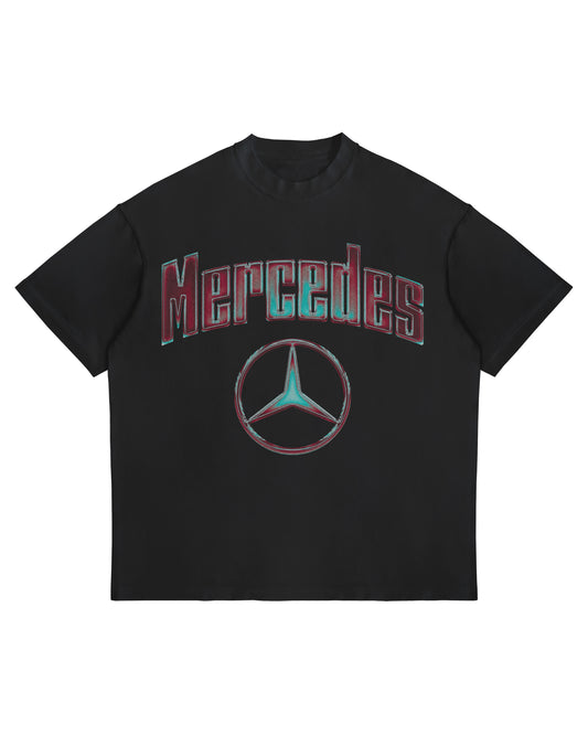 Mercedes F1 chrome-effect logo T-shirt on oversized heavyweight white cotton tee.