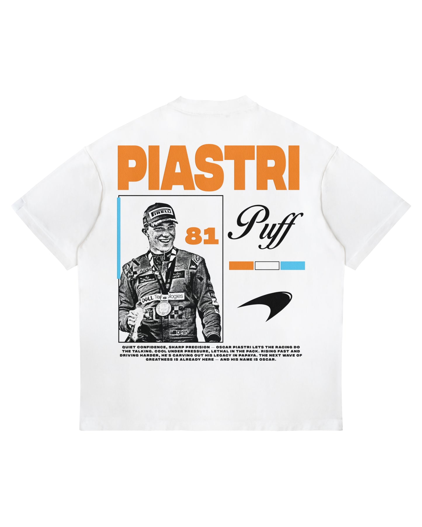 Oscar Piastri “Puff” T-shirt with podium image, number 81, and McLaren graphics on heavyweight white cotton.