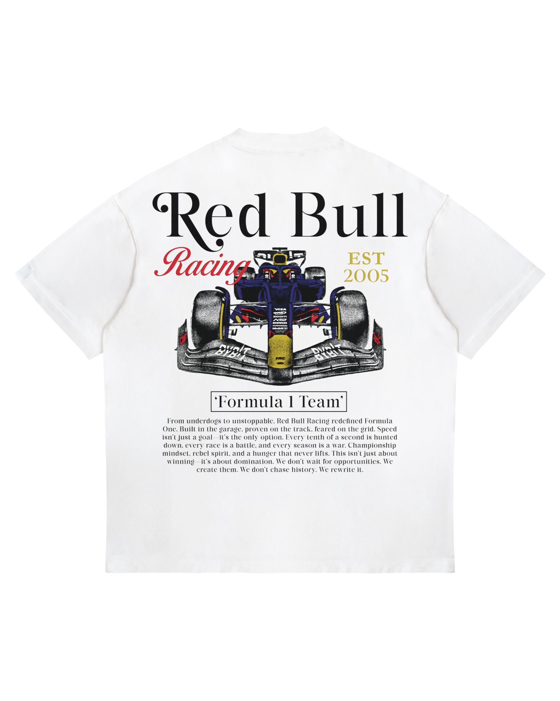 White oversized Red Bull Racing T-shirt featuring F1 car rear graphic and team heritage paragraph.