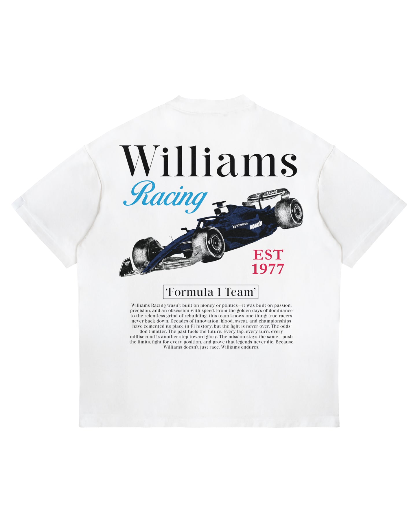 Back of Williams Racing T-shirt featuring vintage car graphic, "EST 1977" text, and team history on oversized heavyweight cotton.