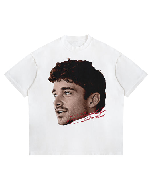 Charles Leclerc profile graphic T-shirt with red signature on white heavyweight oversized cotton tee.