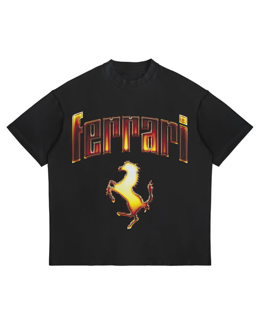 Ferrari F1 chrome-effect logo T-shirt on oversized heavyweight white cotton tee.