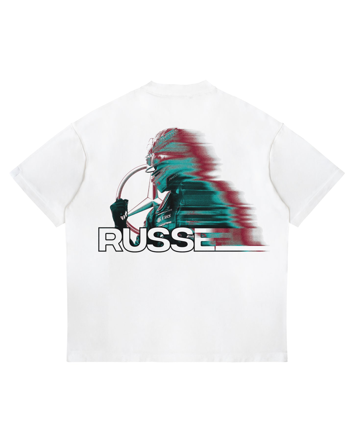 George Russell blur-effect T-shirt with motion graphic and RUSSELL name on oversized heavyweight white cotton tee.