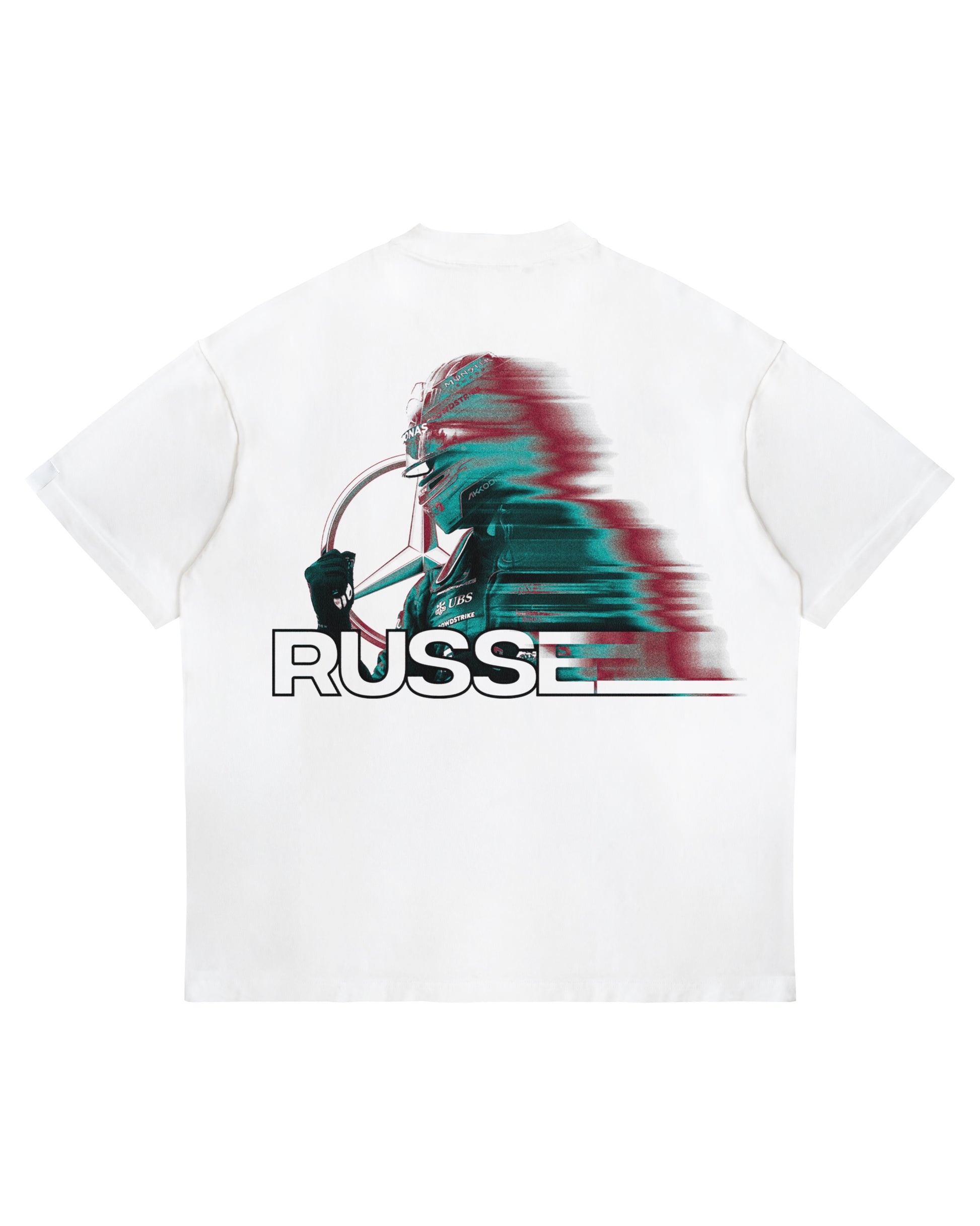 George Russell blur-effect T-shirt with motion graphic and RUSSELL name on oversized heavyweight white cotton tee.