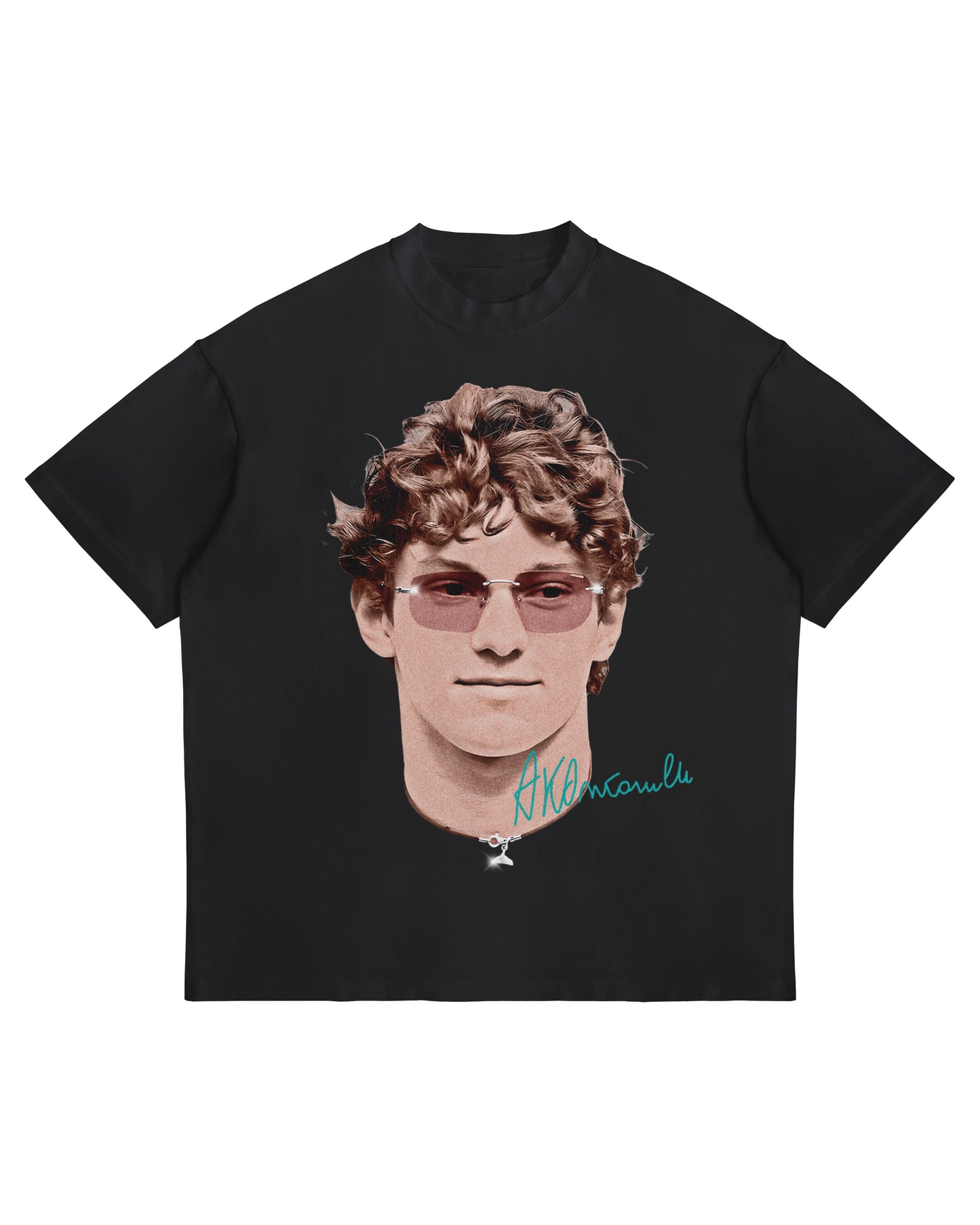 Kimi Antonelli big head graphic T-shirt with signature on white heavyweight oversized cotton tee.