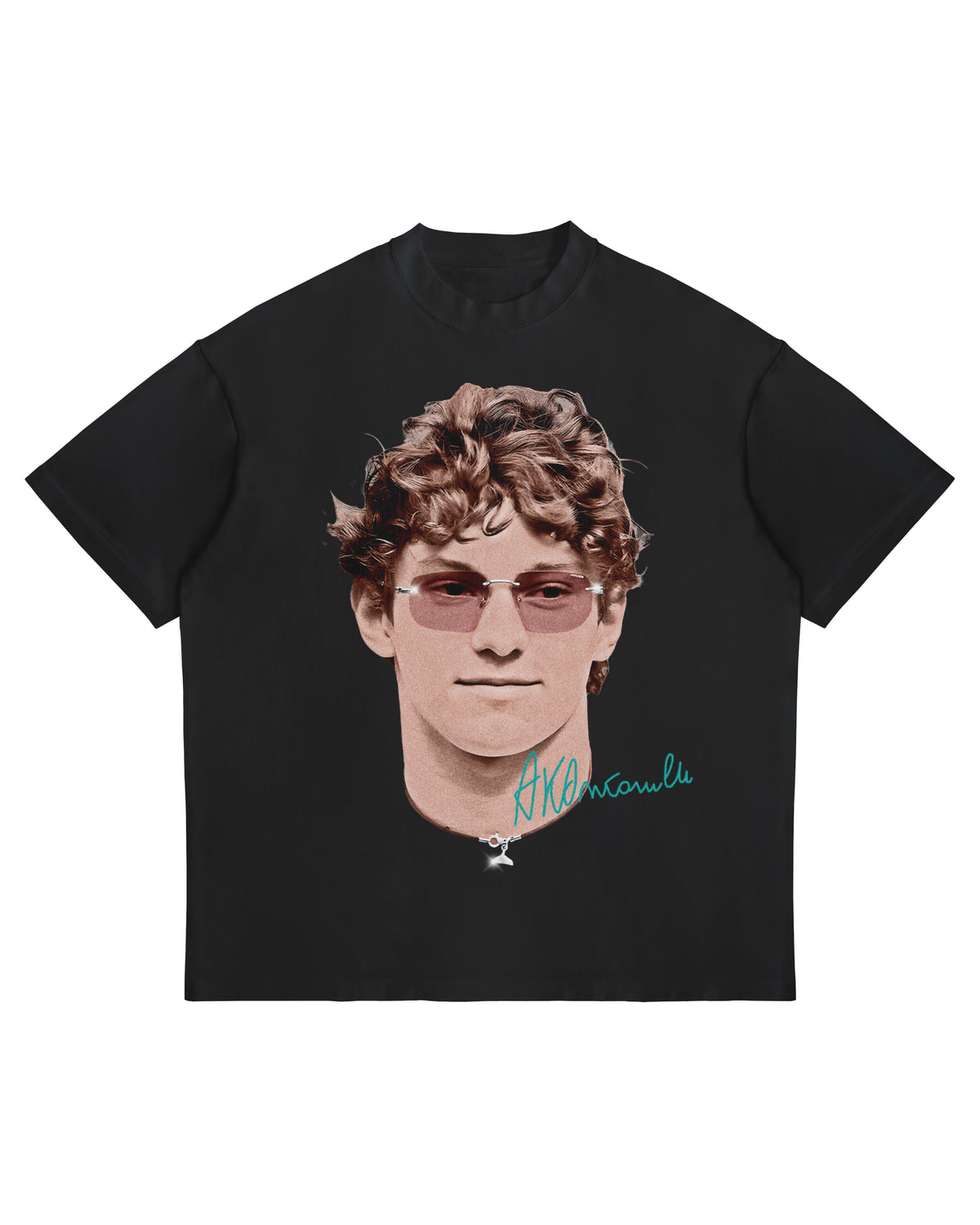 Black t-shirt with a graphic of a Kimi Antonelli with sunglasses and text on a white background