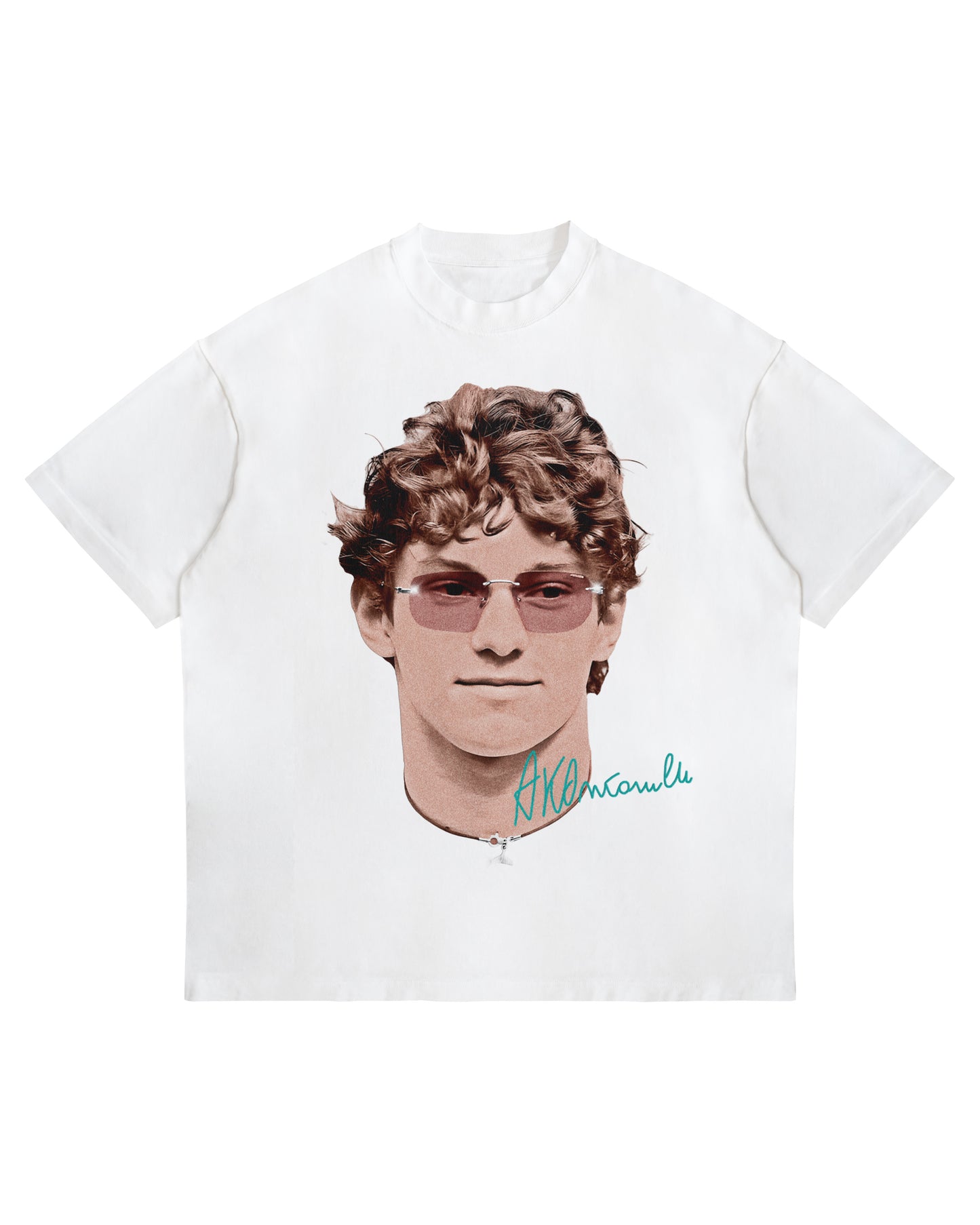 White t-shirt with a graphic of a Kimi Antonelli with sunglasses and text on a white background