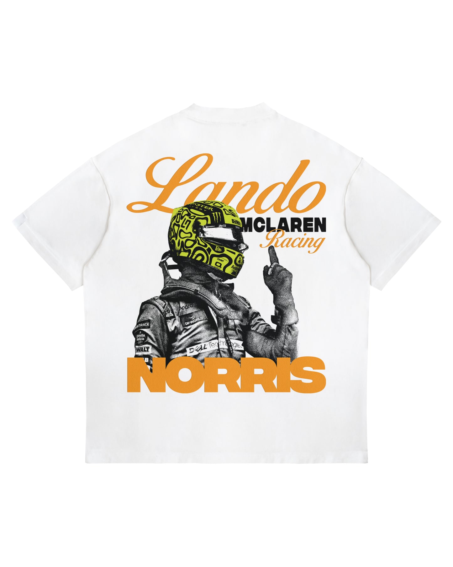 Oversized Lando Norris T-shirt with full-back driver pose graphic, McLaren Racing text, and bold orange name on heavyweight cotton.