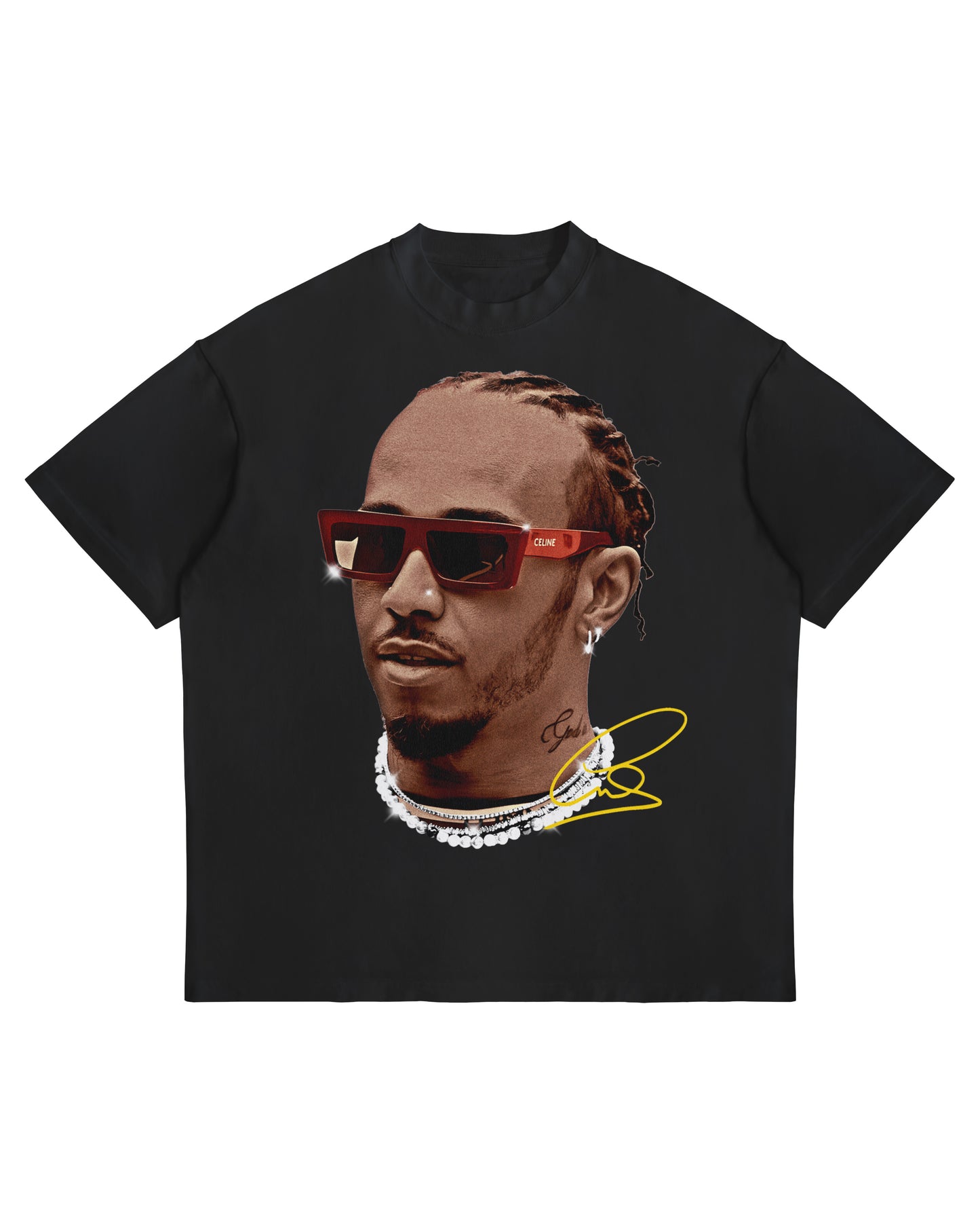 Lewis Hamilton big head graphic T-shirt with red sunglasses and yellow signature on white heavyweight oversized cotton tee.