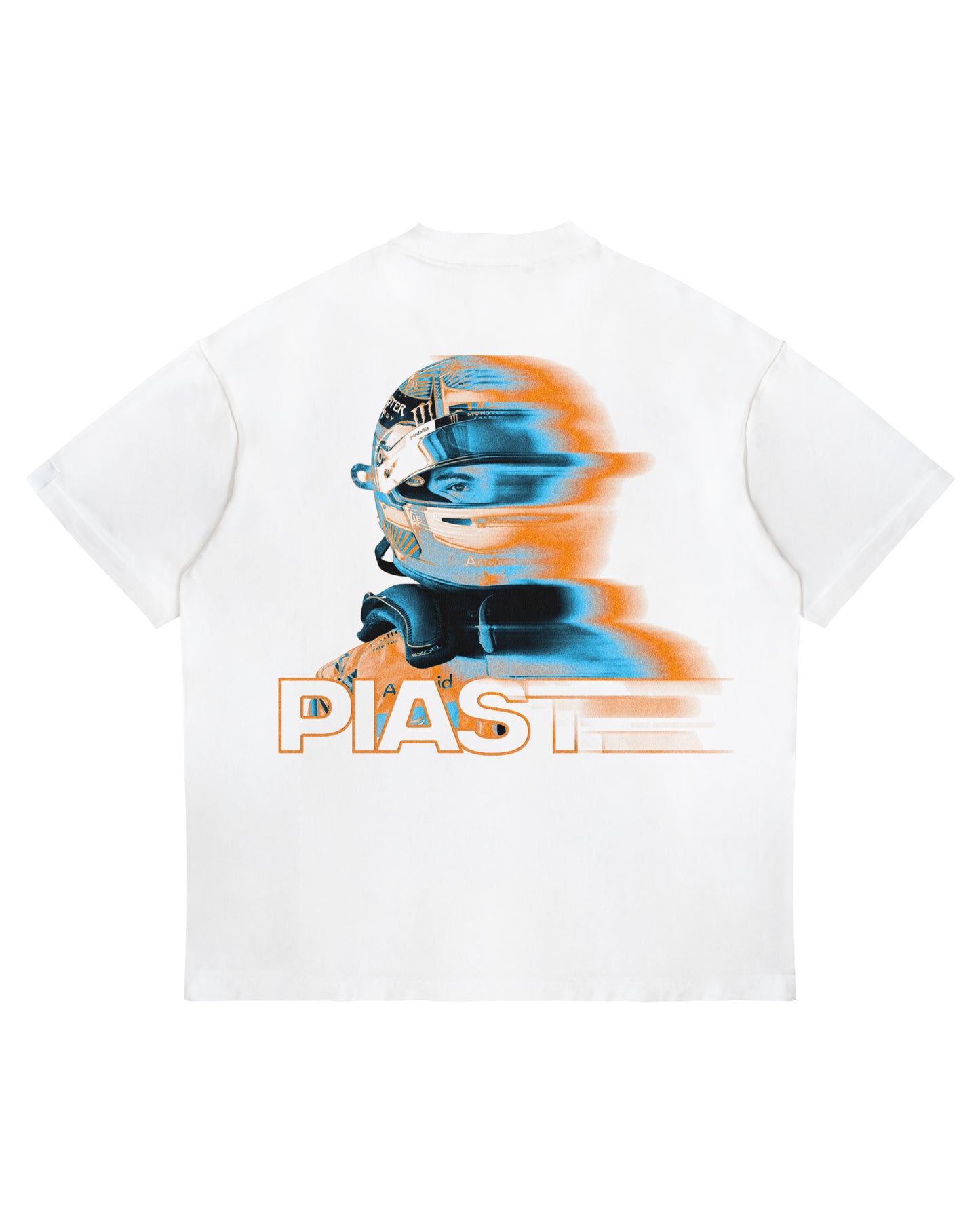 Oscar Piastri T-shirt with back blur-effect helmet graphic and “PIASTRI” text on heavyweight white cotton tee.