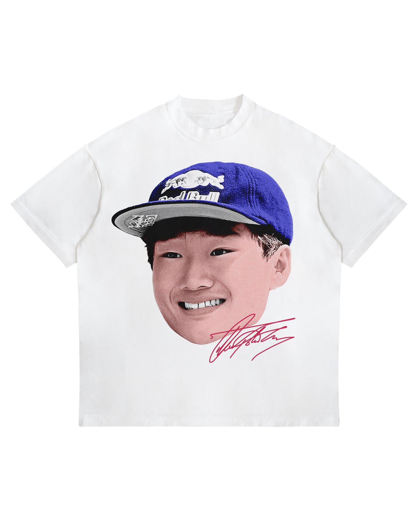 Yuki Tsunoda big head graphic T-shirt with Red Bull cap and red signature on white heavyweight oversized cotton tee.