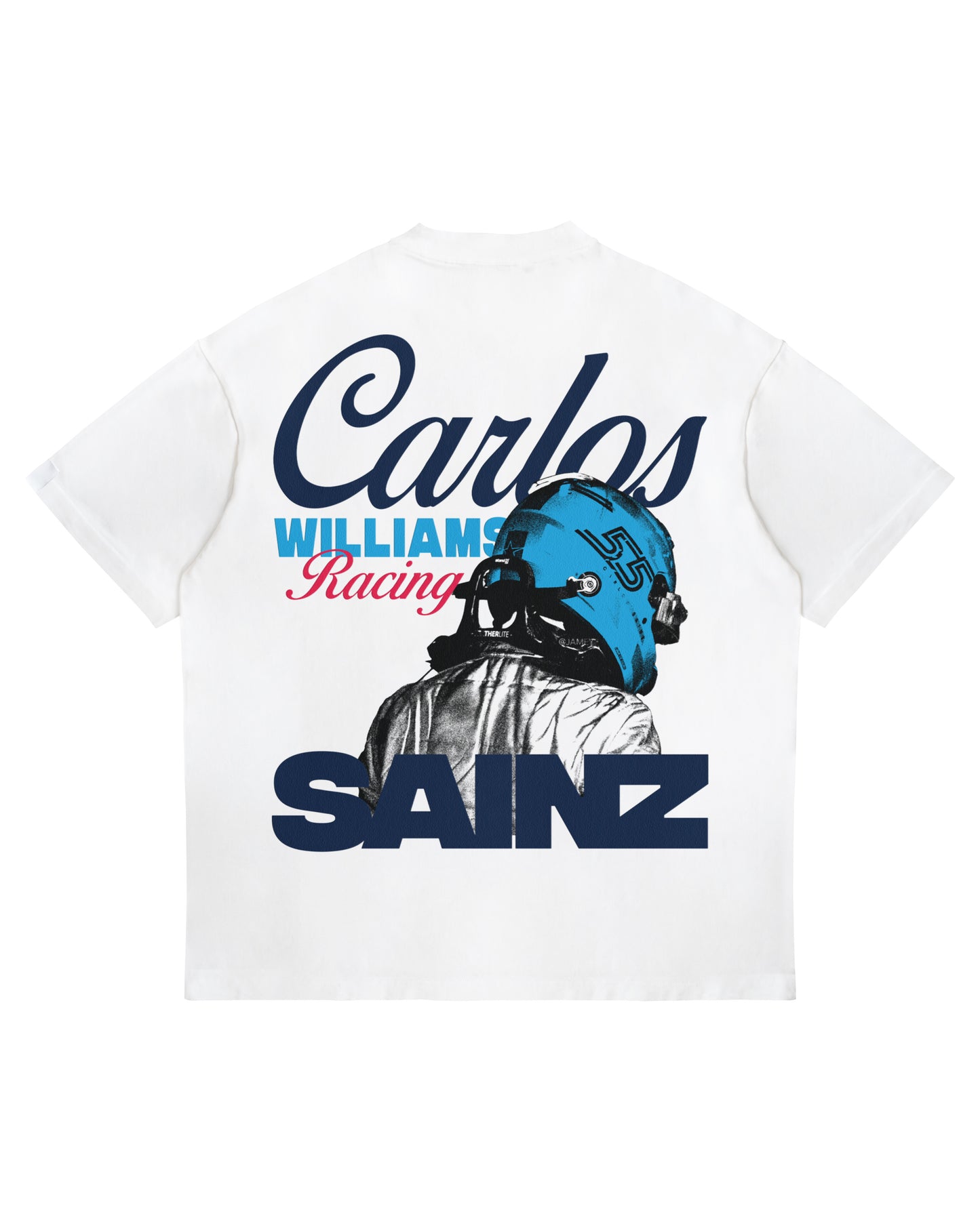 Carlos Sainz Williams Racing T-shirt featuring helmet graphic and bold text on white heavyweight cotton.