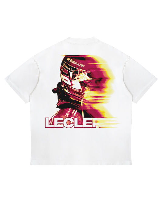 Charles Leclerc Ferrari blur effect t-shirt with yellow and red motion graphic design on white cotton shirt.
