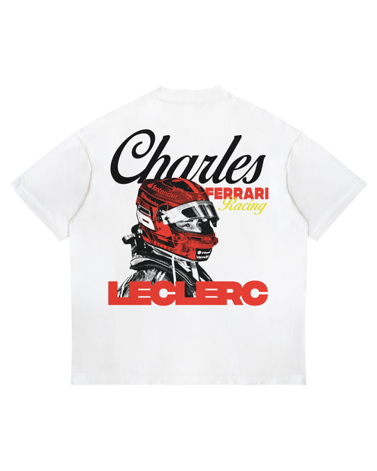 Charles Leclerc Ferrari T-Shirt with oversized graphic of Leclerc in helmet and Ferrari branding on back, heavyweight cotton tee.