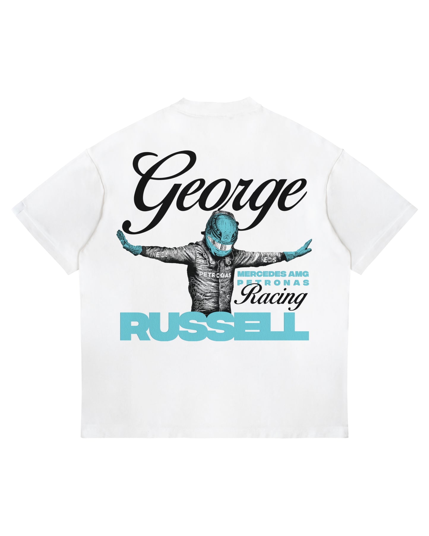 George Russell Mercedes Racing T-Shirt with bold cyan graphic and arms-out celebration pose.