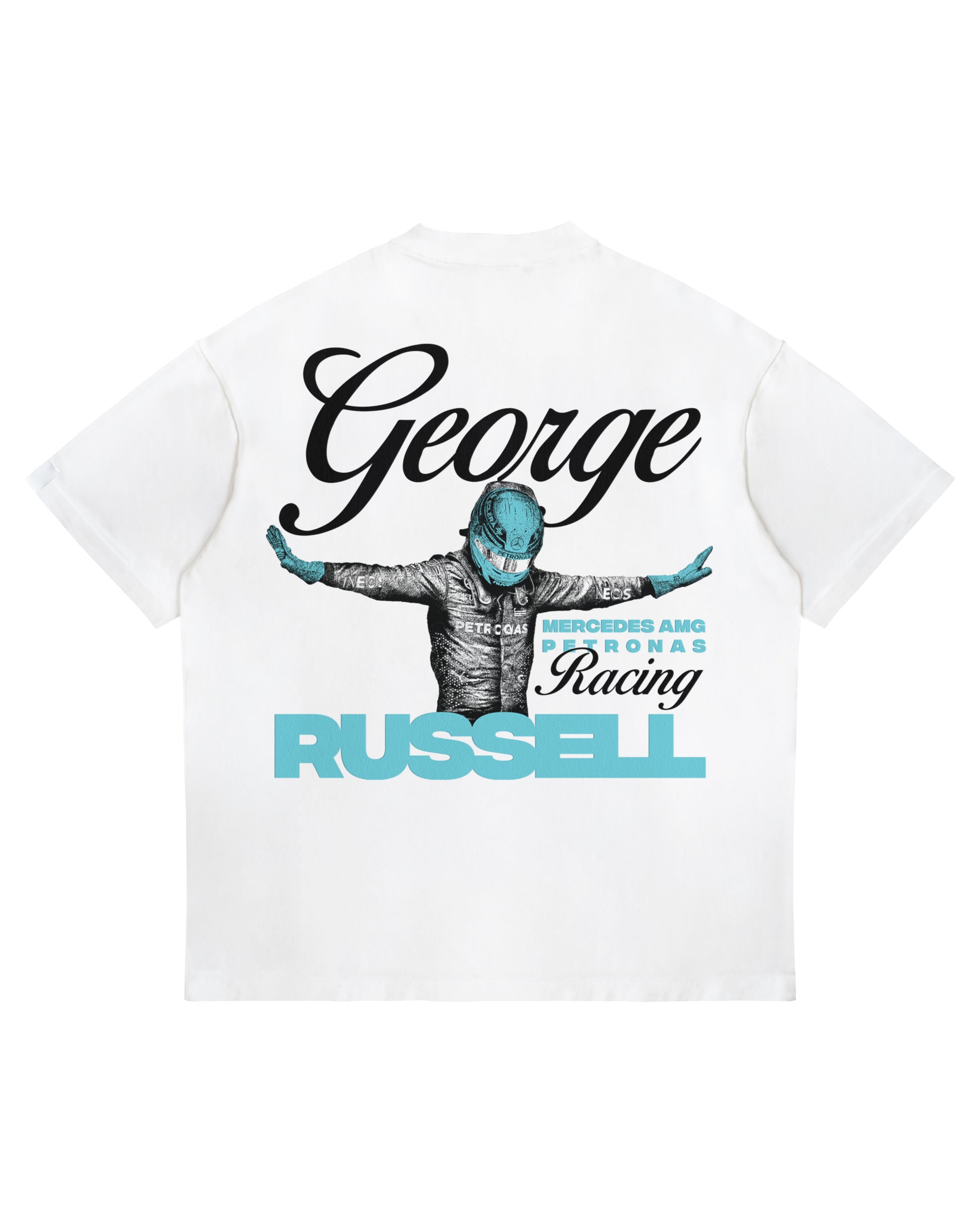 George Russell Mercedes Racing T-Shirt with bold cyan graphic and arms-out celebration pose.