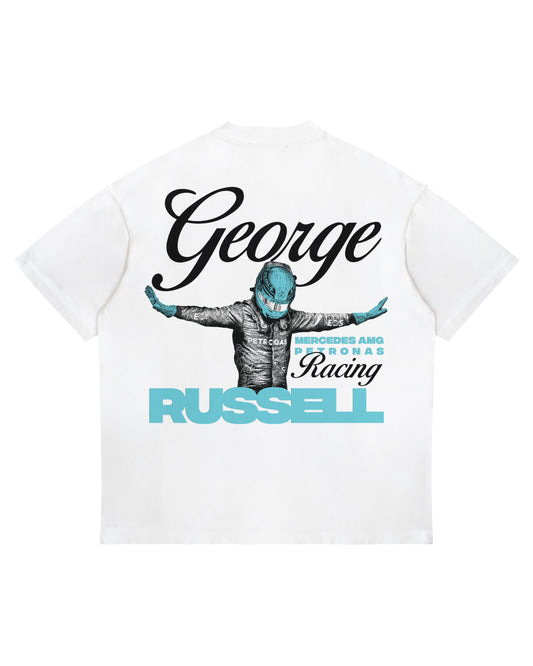 George Russell Mercedes Racing T-Shirt with bold cyan graphic and arms-out celebration pose.