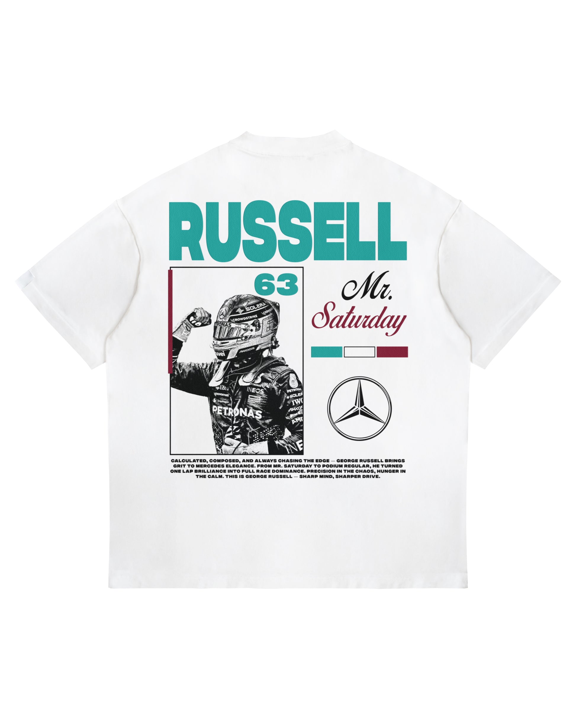 George Russell "Mr. Saturday" T-shirt with back graphic, number 63, and Mercedes F1 logo on white heavyweight cotton.