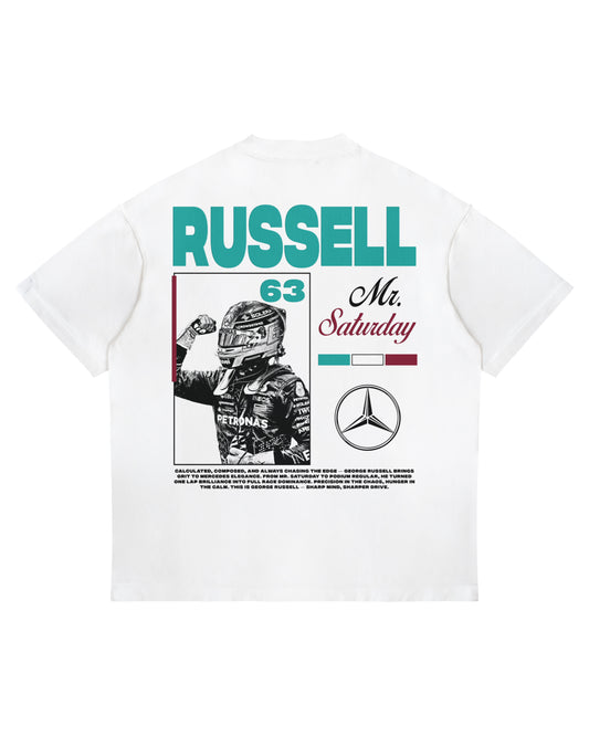 George Russell "Mr. Saturday" T-shirt with back graphic, number 63, and Mercedes F1 logo on white heavyweight cotton.