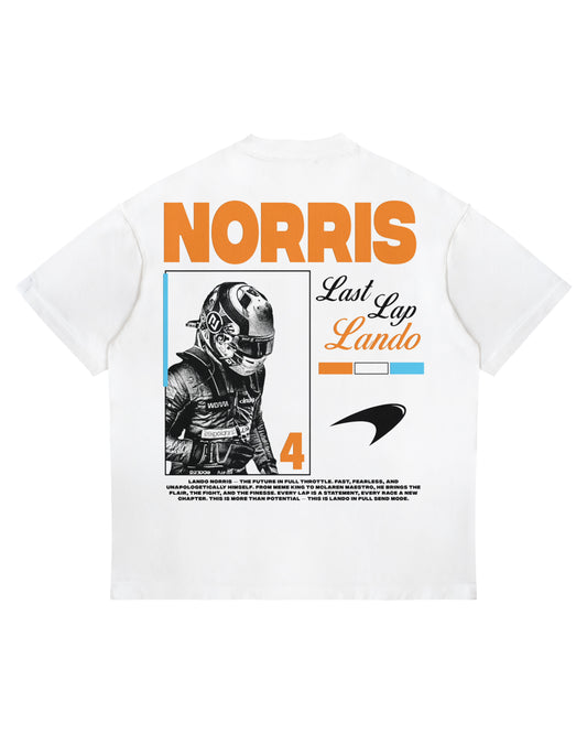 Lando Norris “Last Lap Lando” T-shirt with back graphic, number 4, and McLaren logos on heavyweight white cotton.