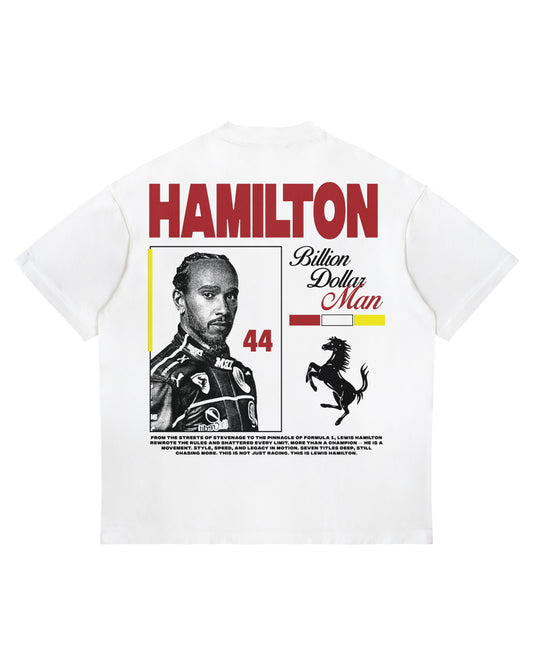 Lewis Hamilton “Billion Dollar Man” T-shirt with Ferrari graphics, number 44, and bold back print on heavyweight white cotton.