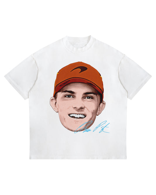 Oscar Piastri big head graphic T-shirt with signature print on white heavyweight oversized tee.