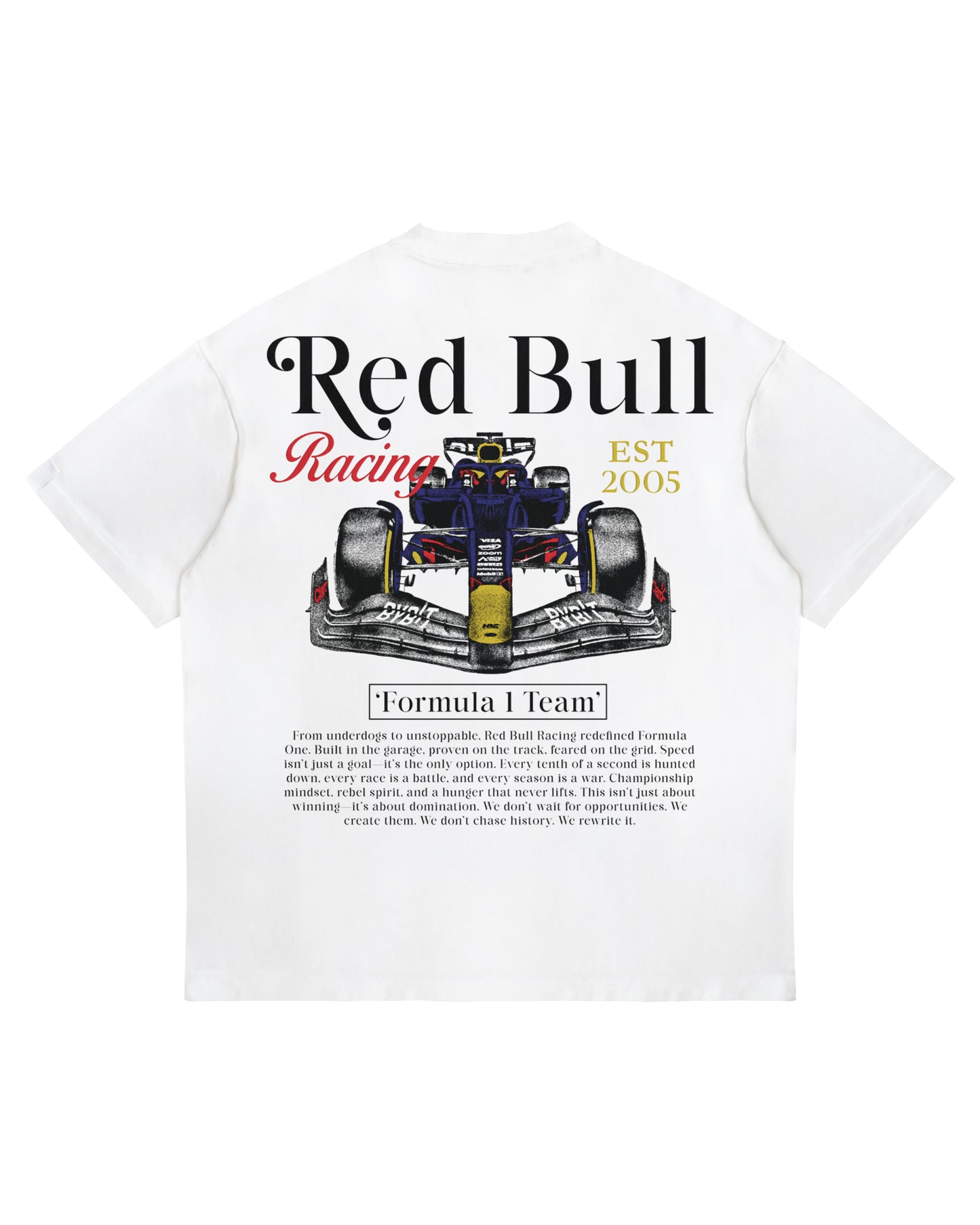 White oversized Red Bull Racing T-shirt featuring F1 car rear graphic and team heritage paragraph.