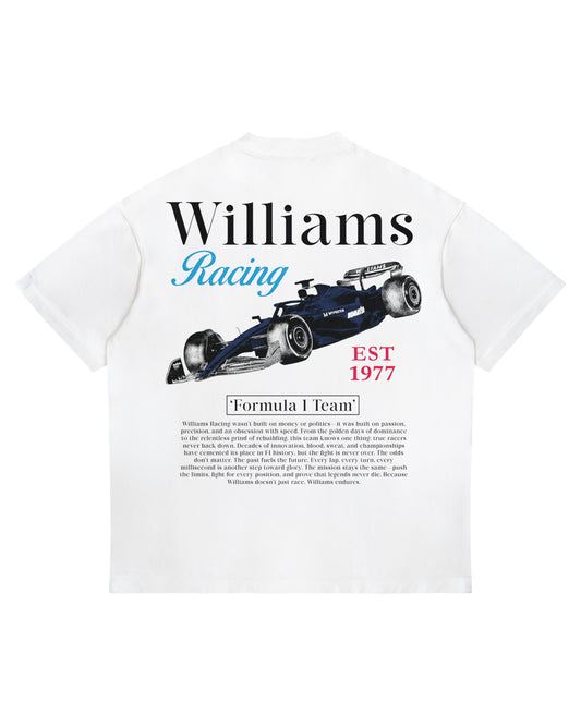 Back of Williams Racing T-shirt featuring vintage car graphic, "EST 1977" text, and team history on oversized heavyweight cotton.