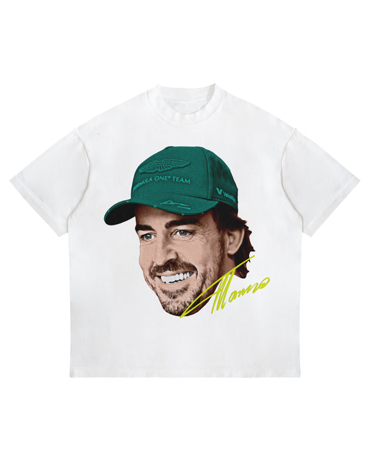 Fernando Alonso big head graphic T-shirt with signature on white oversized heavyweight cotton tee.