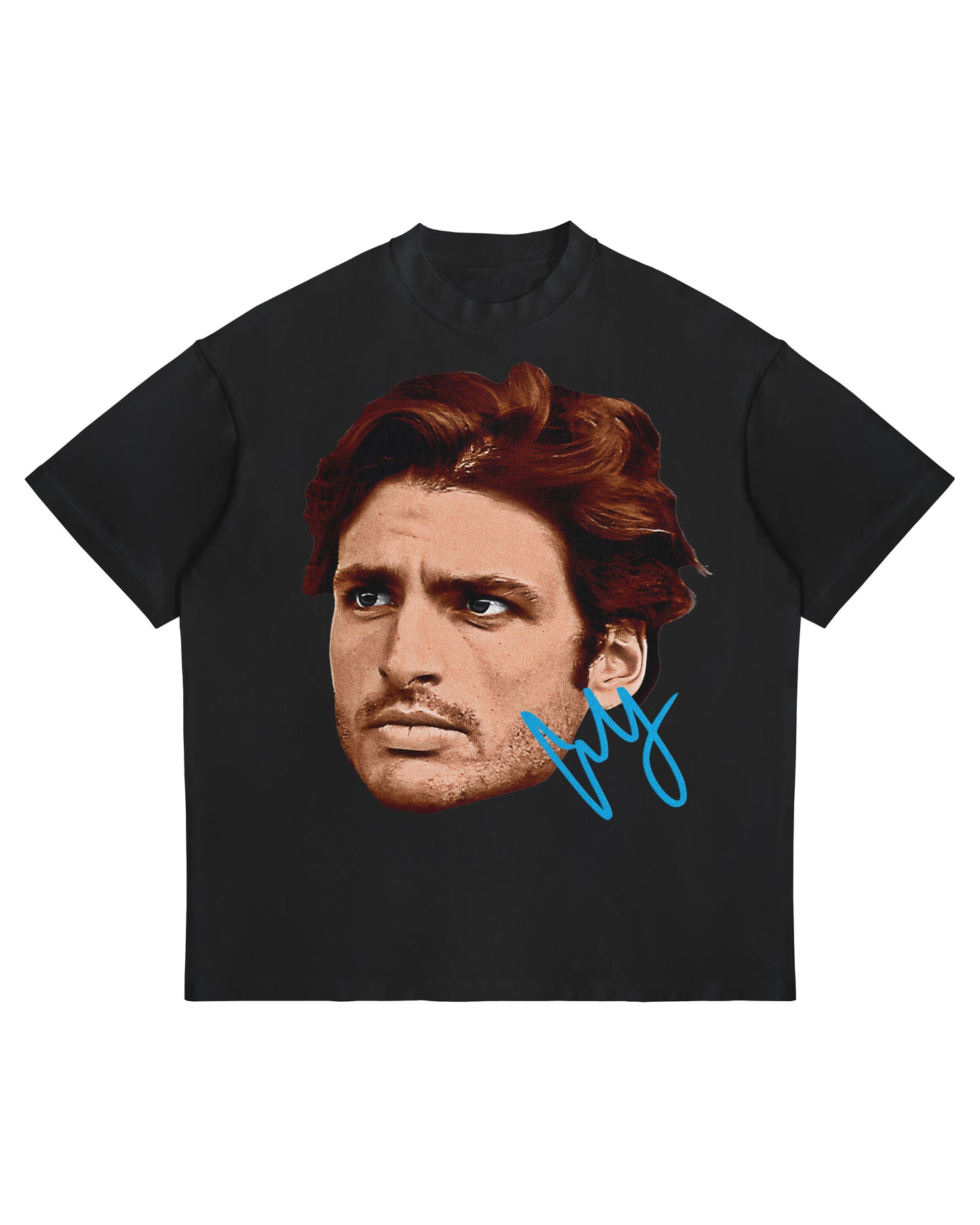 Carlos Sainz big head graphic T-shirt with blue signature on white heavyweight oversized cotton tee.