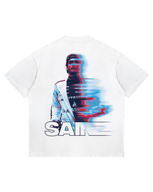 Carlos Sainz blur-effect T-shirt with full-back racing helmet graphic and Williams-inspired design on heavyweight white cotton tee.
