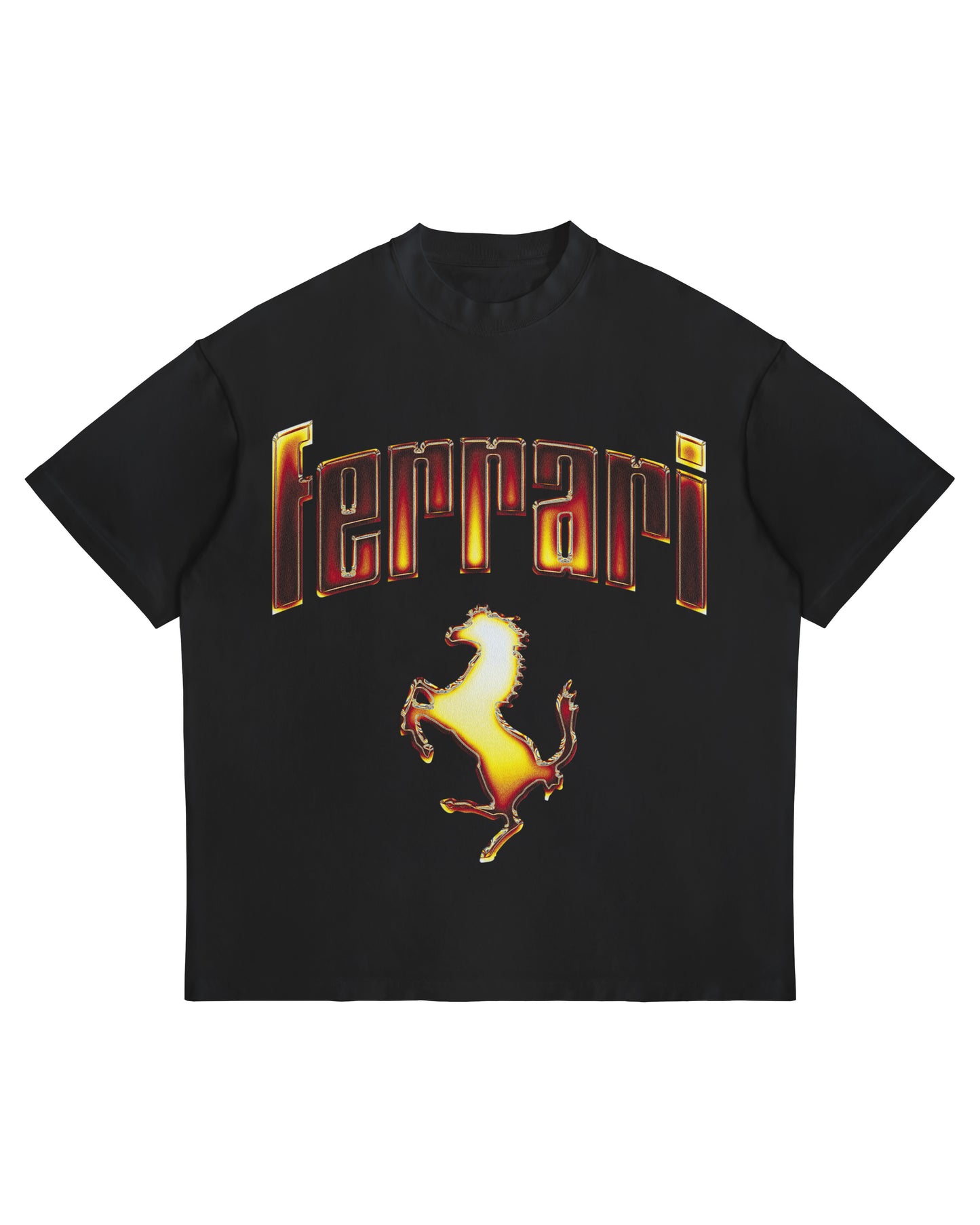 Ferrari F1 chrome-effect logo T-shirt on oversized heavyweight white cotton tee.
