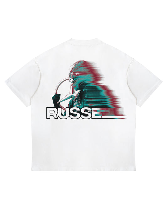 George Russell blur-effect T-shirt with motion graphic and RUSSELL name on oversized heavyweight white cotton tee.