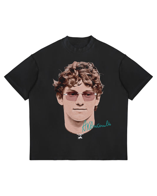 Kimi Antonelli big head graphic T-shirt with signature on white heavyweight oversized cotton tee.